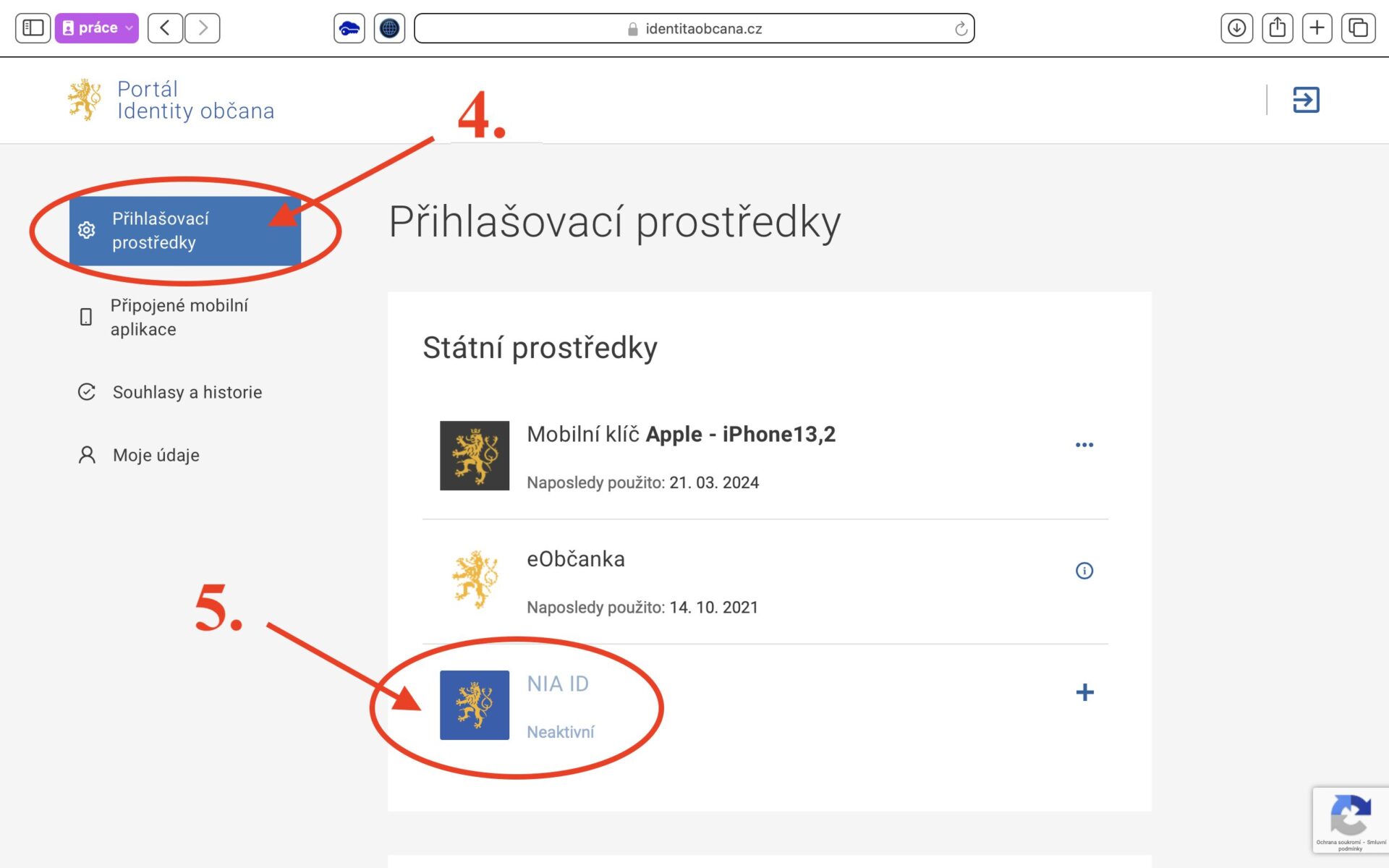 Karta Přihlašovací prostředky